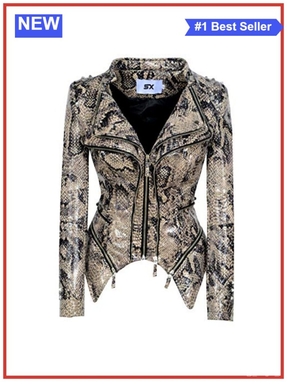 Faux Leather Serpentine Print Moto Jacket Tight Sexy Biker Coat